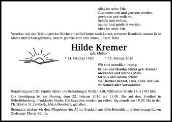 Anzeige von Hilde Kremer von Kölner Stadt-Anzeiger / Kölnische Rundschau / Express