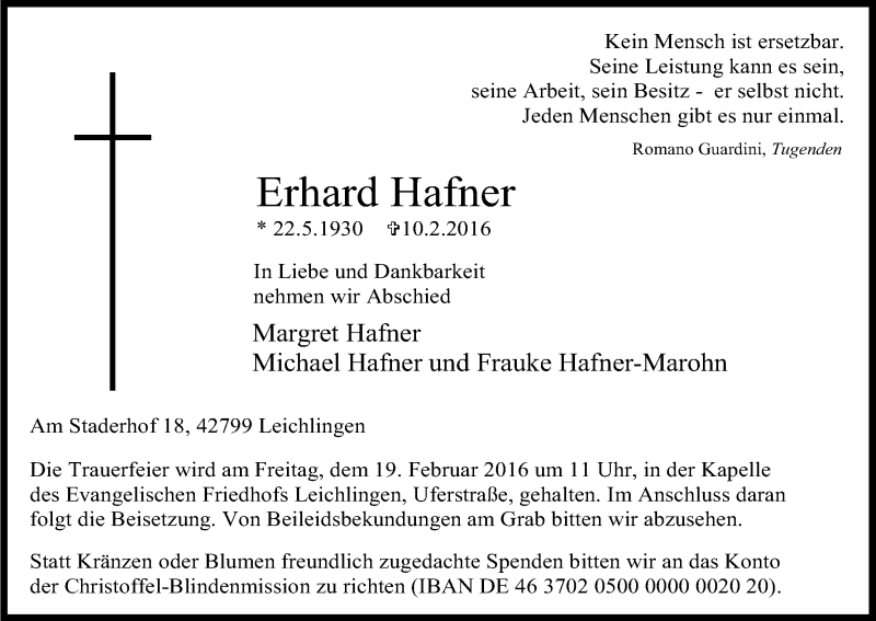  Traueranzeige für Erhard Hafner vom 17.02.2016 aus Kölner Stadt-Anzeiger / Kölnische Rundschau / Express