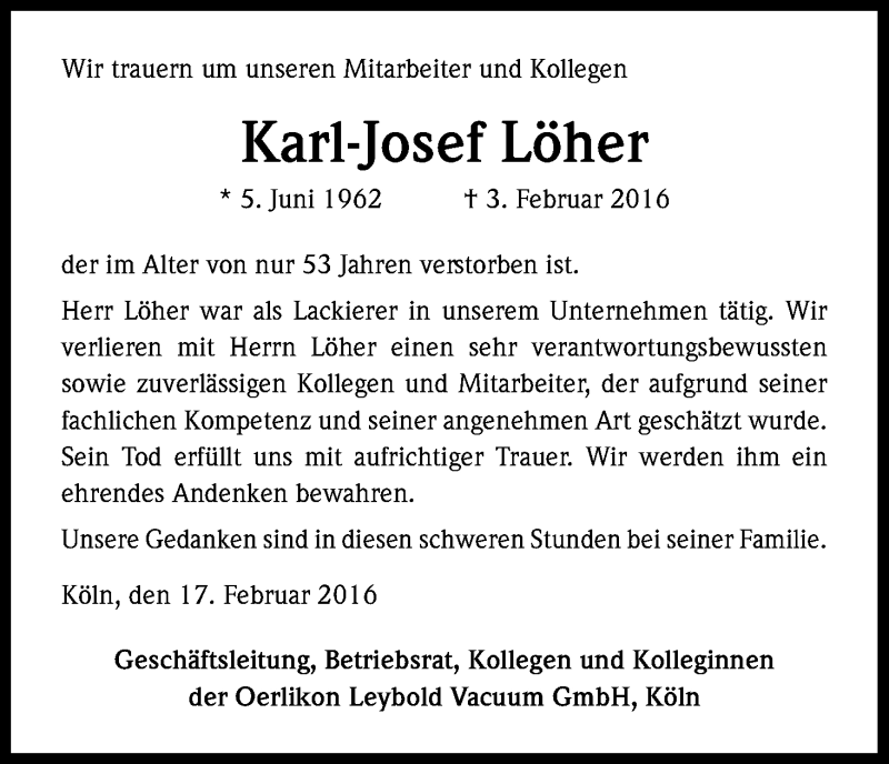  Traueranzeige für Karl-Josef Löher vom 17.02.2016 aus Kölner Stadt-Anzeiger / Kölnische Rundschau / Express