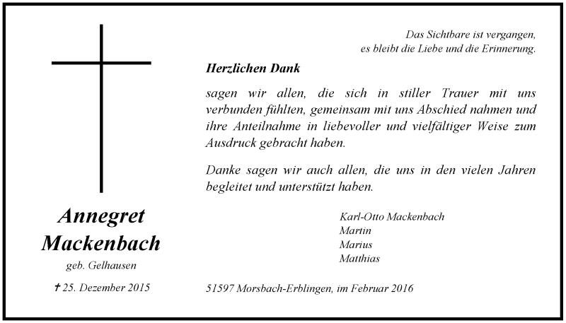  Traueranzeige für Annegret Mackenbach vom 24.02.2016 aus  Lokalanzeiger 