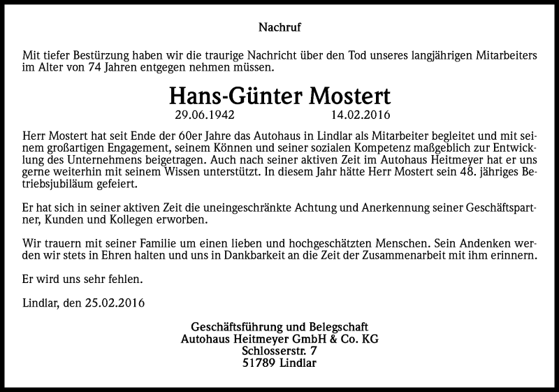  Traueranzeige für Hans-Günter Mostert vom 25.02.2016 aus Kölner Stadt-Anzeiger / Kölnische Rundschau / Express
