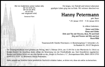 Anzeige von Hanny Petermann von Kölner Stadt-Anzeiger / Kölnische Rundschau / Express