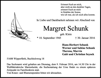 Anzeige von Margret Schunk von Kölner Stadt-Anzeiger / Kölnische Rundschau / Express