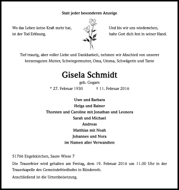 Anzeige von Gisela Schmidt von Kölner Stadt-Anzeiger / Kölnische Rundschau / Express