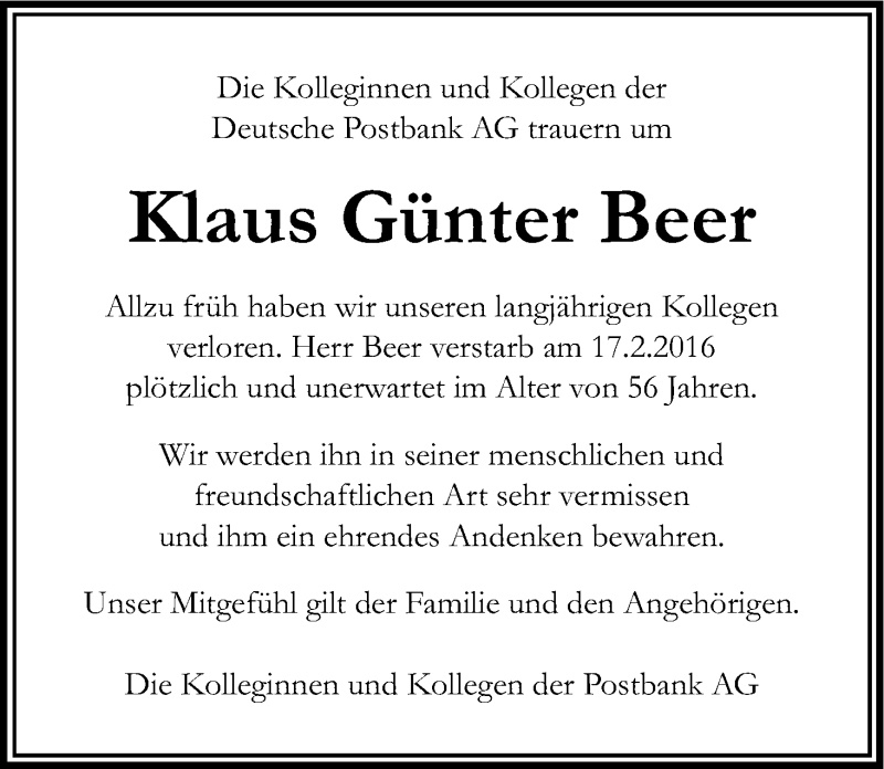  Traueranzeige für Klaus Günter Beer vom 25.02.2016 aus Kölner Stadt-Anzeiger / Kölnische Rundschau / Express