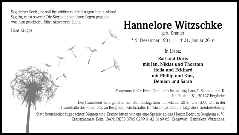  Traueranzeige für Hannelore Witzschke vom 06.02.2016 aus Kölner Stadt-Anzeiger / Kölnische Rundschau / Express