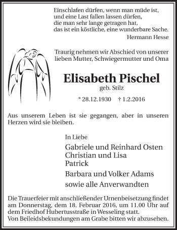 Anzeige von Elisabeth Pischel von  Schlossbote/Werbekurier 