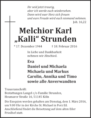 Anzeige von Melchior Karl Strunden von  Kölner Wochenspiegel 