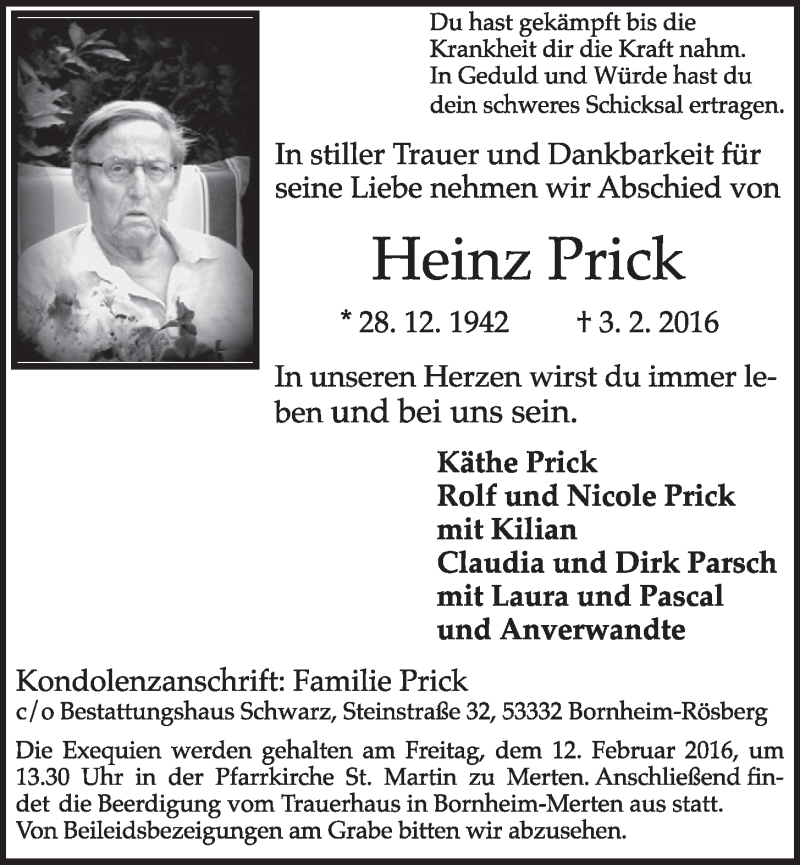  Traueranzeige für Heinz Prick vom 10.02.2016 aus  Schlossbote/Werbekurier 