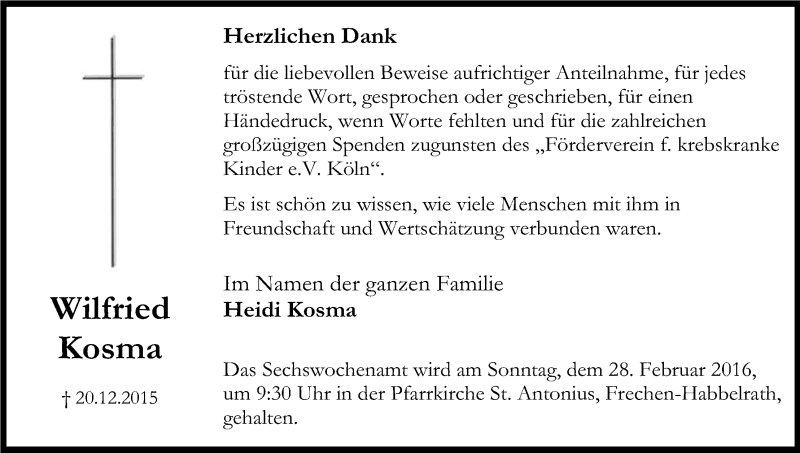  Traueranzeige für Wilfried Kosma vom 20.02.2016 aus Kölner Stadt-Anzeiger / Kölnische Rundschau / Express