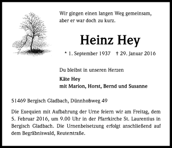 Anzeige von Heinz Hey von Kölner Stadt-Anzeiger / Kölnische Rundschau / Express