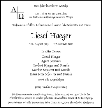 Anzeige von Liesel Haeger von Kölner Stadt-Anzeiger / Kölnische Rundschau / Express