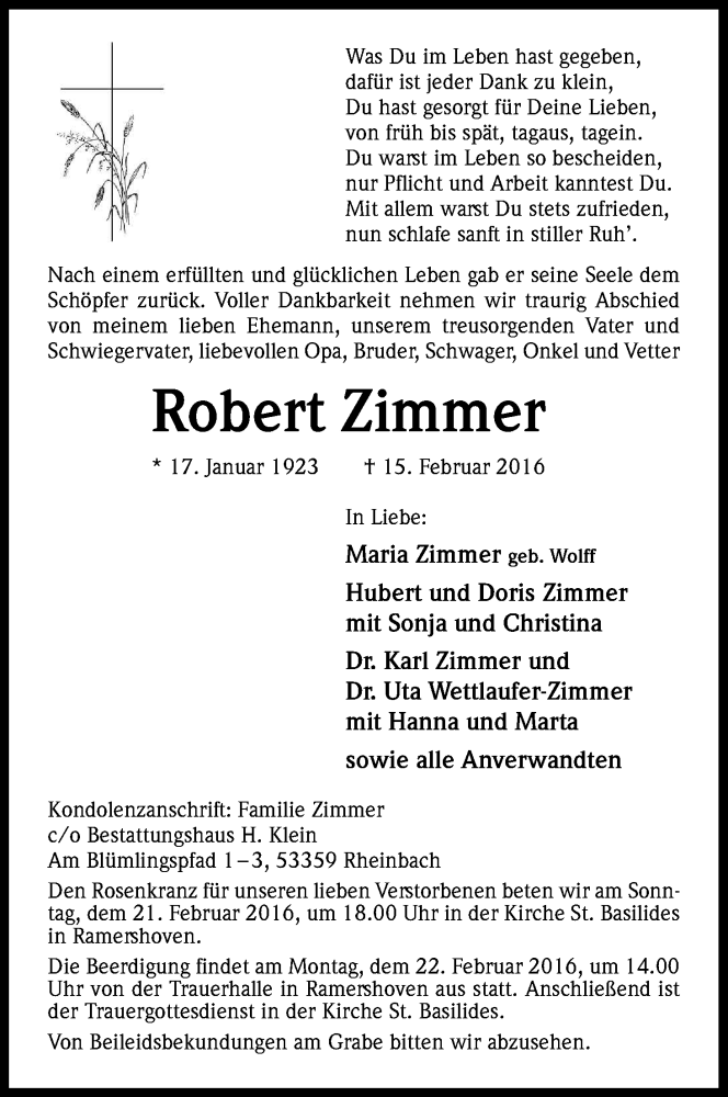  Traueranzeige für Robert Zimmer vom 20.02.2016 aus Kölner Stadt-Anzeiger / Kölnische Rundschau / Express