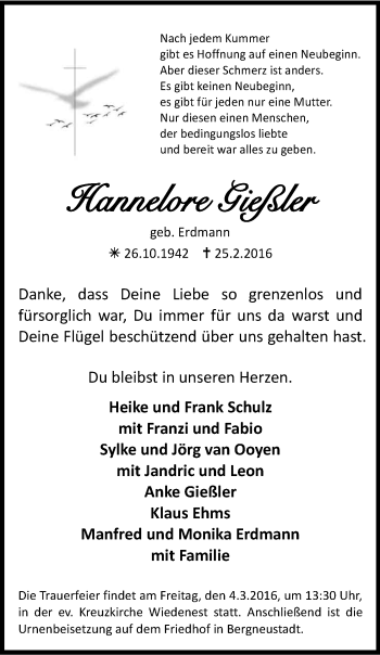 Anzeige von Hannelore Gießler von Kölner Stadt-Anzeiger / Kölnische Rundschau / Express