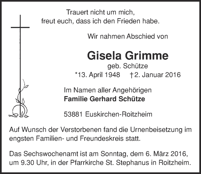  Traueranzeige für Gisela Grimme vom 28.02.2016 aus  Blickpunkt Euskirchen 
