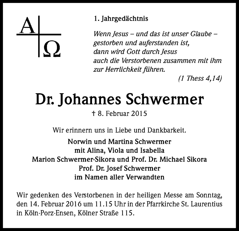  Traueranzeige für Johannes Schwermer vom 10.02.2016 aus Kölner Stadt-Anzeiger / Kölnische Rundschau / Express