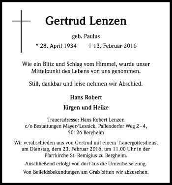 Anzeige von Gertrud Lenzen von Kölner Stadt-Anzeiger / Kölnische Rundschau / Express