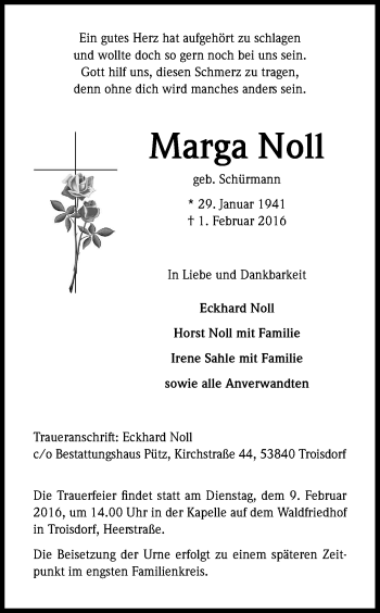 Anzeige von Marga Noll von Kölner Stadt-Anzeiger / Kölnische Rundschau / Express