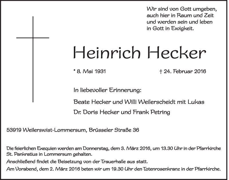  Traueranzeige für Heinrich Hecker vom 28.02.2016 aus  Blickpunkt Euskirchen 