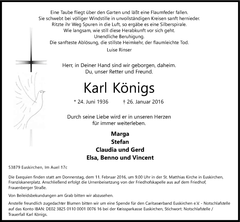  Traueranzeige für Karl Königs vom 05.02.2016 aus Kölner Stadt-Anzeiger / Kölnische Rundschau / Express