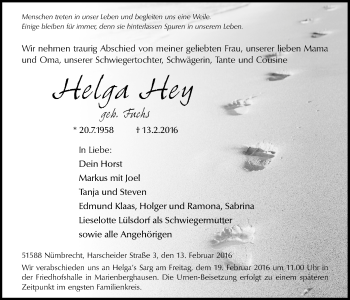 Anzeige von Helga Hey von  Lokalanzeiger 