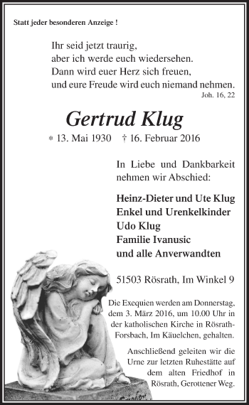 Anzeige von Gertrud Klug von  Bergisches Handelsblatt 