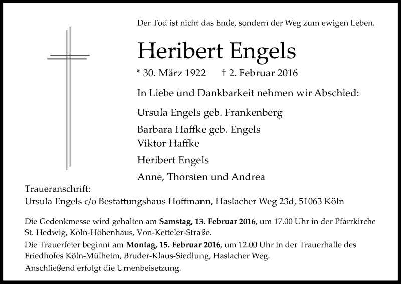  Traueranzeige für Heribert Engels vom 10.02.2016 aus Kölner Stadt-Anzeiger / Kölnische Rundschau / Express