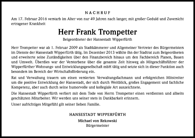  Traueranzeige für Frank Trompetter vom 24.02.2016 aus Kölner Stadt-Anzeiger / Kölnische Rundschau / Express