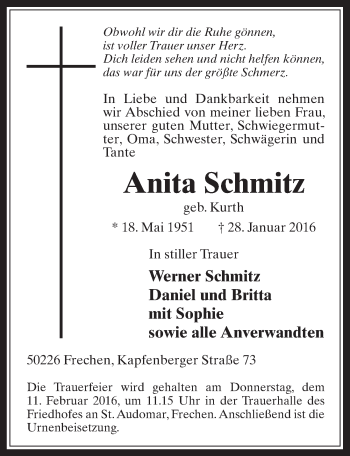 Anzeige von Anita Schmitz von  Wochenende 