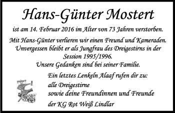 Anzeige von Hans-Günter Mostert von Kölner Stadt-Anzeiger / Kölnische Rundschau / Express
