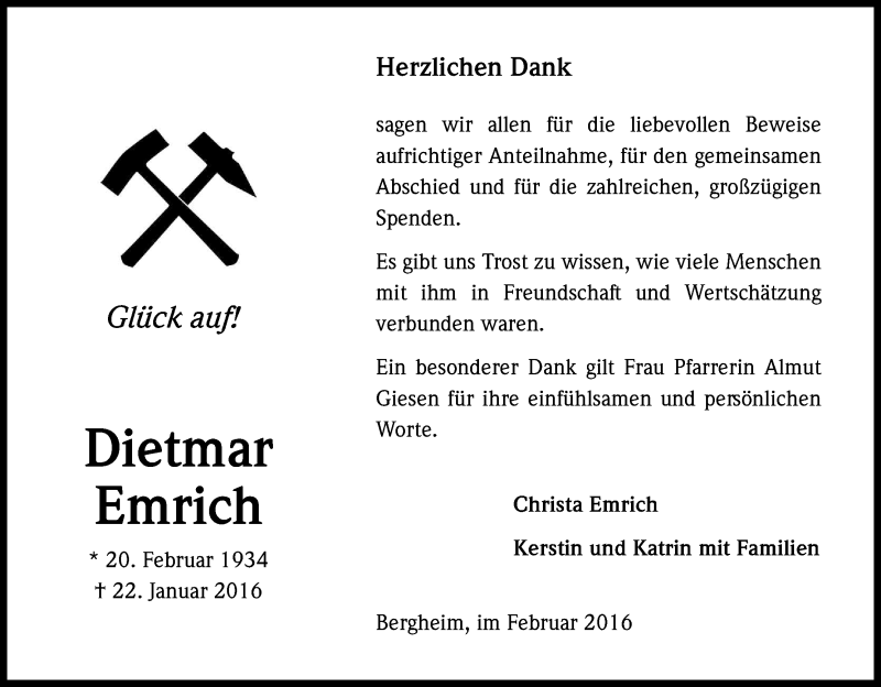  Traueranzeige für Dietmar Emrich vom 27.02.2016 aus Kölner Stadt-Anzeiger / Kölnische Rundschau / Express