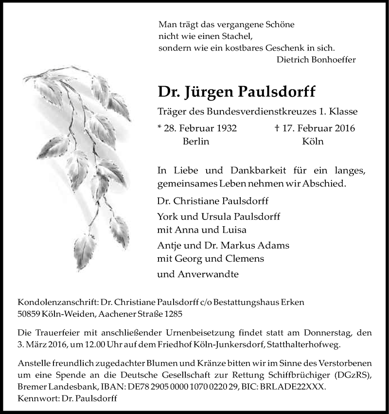  Traueranzeige für Jürgen Paulsdorff vom 27.02.2016 aus Kölner Stadt-Anzeiger / Kölnische Rundschau / Express