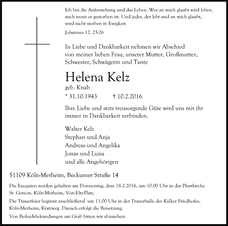  Traueranzeige für Helena Kelz vom 16.02.2016 aus Kölner Stadt-Anzeiger / Kölnische Rundschau / Express