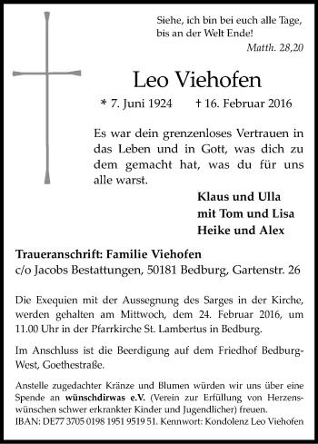 Anzeige von Leo Viehofen von Kölner Stadt-Anzeiger / Kölnische Rundschau / Express