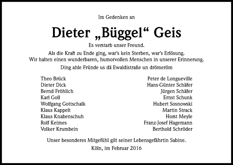  Traueranzeige für Dieter Geis vom 27.02.2016 aus Kölner Stadt-Anzeiger / Kölnische Rundschau / Express