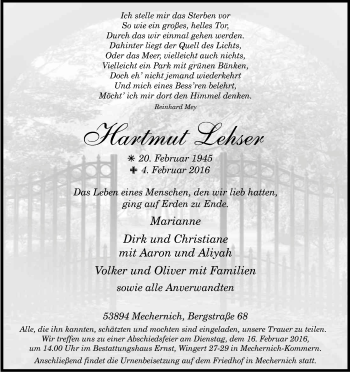 Anzeige von Hartmut Lehser von Kölner Stadt-Anzeiger / Kölnische Rundschau / Express