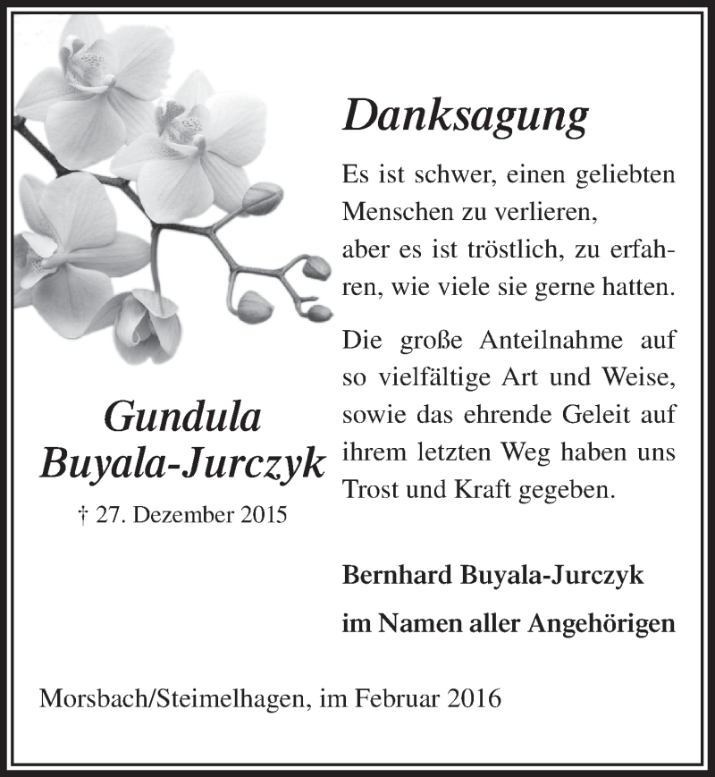  Traueranzeige für Gundula Buyala-Jurczyk vom 10.02.2016 aus  Lokalanzeiger 