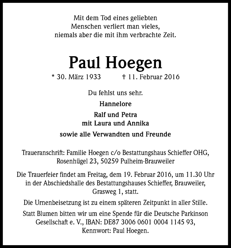  Traueranzeige für Paul Hoegen vom 17.02.2016 aus Kölner Stadt-Anzeiger / Kölnische Rundschau / Express