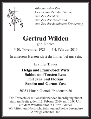 Anzeige von Gertrud Wilden von  Wochenende 