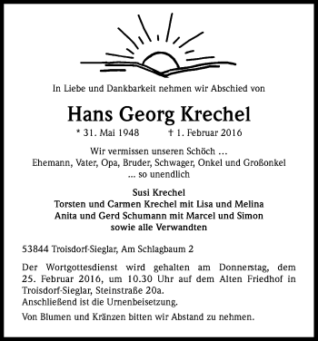 Anzeige von Hans Georg Krechel von Kölner Stadt-Anzeiger / Kölnische Rundschau / Express