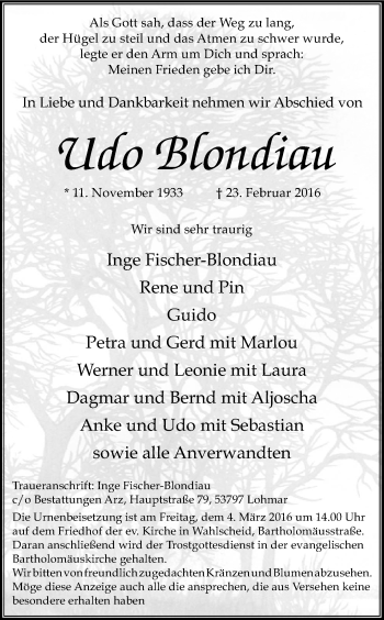 Anzeige von Udo Bfondiau von Kölner Stadt-Anzeiger / Kölnische Rundschau / Express