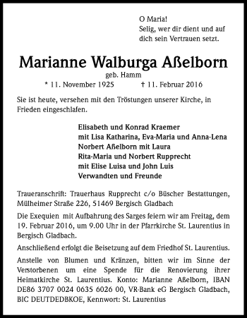 Anzeige von Marianne Walburga Aßelborn von Kölner Stadt-Anzeiger / Kölnische Rundschau / Express