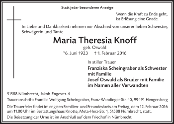 Anzeige von Maria Theresia Knoff von  Lokalanzeiger 