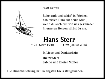 Anzeige von Hans Sterr von Kölner Stadt-Anzeiger / Kölnische Rundschau / Express