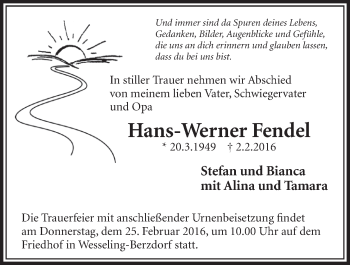 Anzeige von Hans-Werner Fendel von  Schlossbote/Werbekurier 