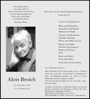 Anzeige von Alois Broich von Kölner Stadt-Anzeiger / Kölnische Rundschau / Express