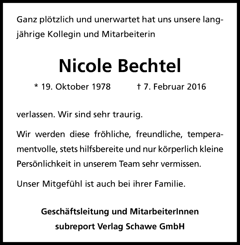  Traueranzeige für Nicole Bechtel vom 13.02.2016 aus Kölner Stadt-Anzeiger / Kölnische Rundschau / Express