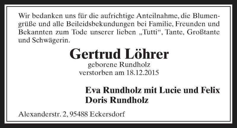  Traueranzeige für Gertrud Löhrer vom 10.02.2016 aus  Werbepost 
