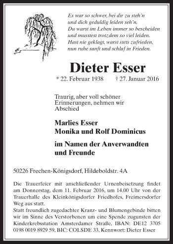 Anzeige von Dieter Esser von  Wochenende 