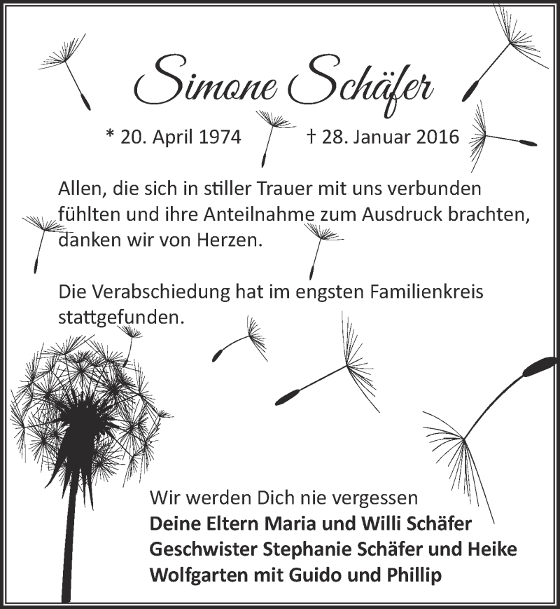  Traueranzeige für Simone Schäfer vom 14.02.2016 aus  Blickpunkt Euskirchen 